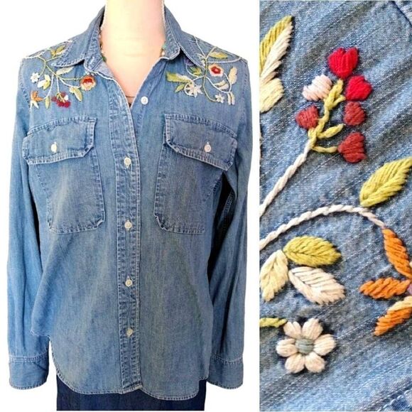 VTG Ralph Lauren Jeans Co. Denim Floral Embroidered Button Down Top Large - Picture 1 of 17
